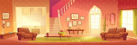 Dibujos animados interior de la casa. luminoso salón y sala de estar ...