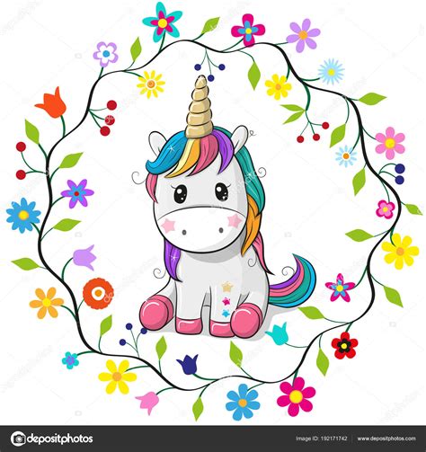 Dibujos animados unicornio en un marco de flores — Archivo ...