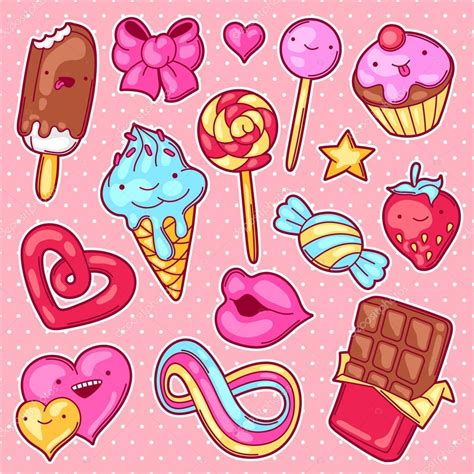 Dibujos: dulces y caramelos | Conjunto de kawaii dulces y caramelos ...