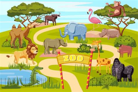 Dierentuin vectorillustratie cartoon of kinderboerderij met dieren en ...