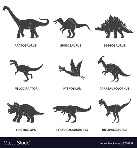 Dinosaur black silhouette set with names Vector Image