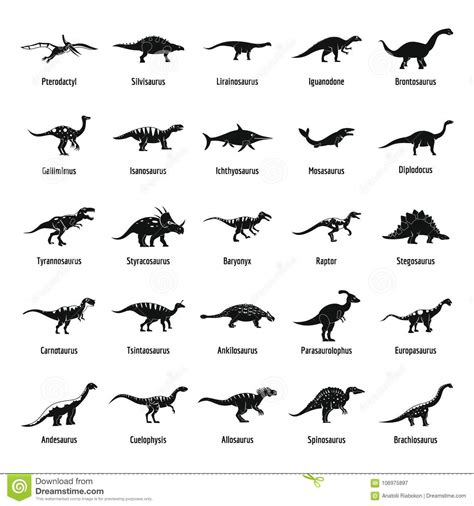 Dinosaur Types Signed Name Icons Set, Simple Style Stock ...