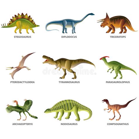 Dinosaurios Aislados En El Sistema Blanco Del Vector Ilustración del ...