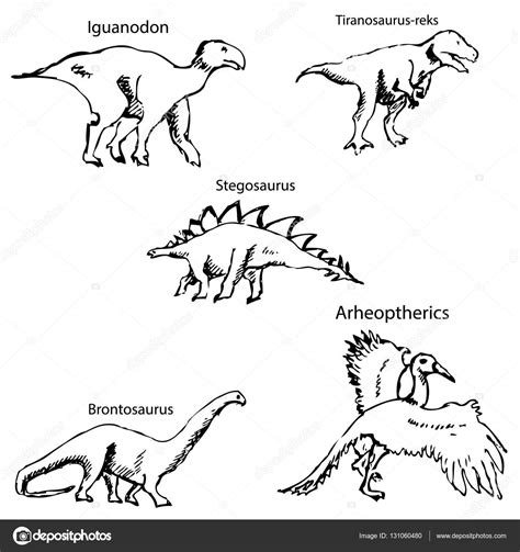 Dinosaurios con nombres. Dibujo a lápiz a mano — Vector de ...