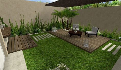 diseño de jardin hermoso con deck y pergola y plantas ...