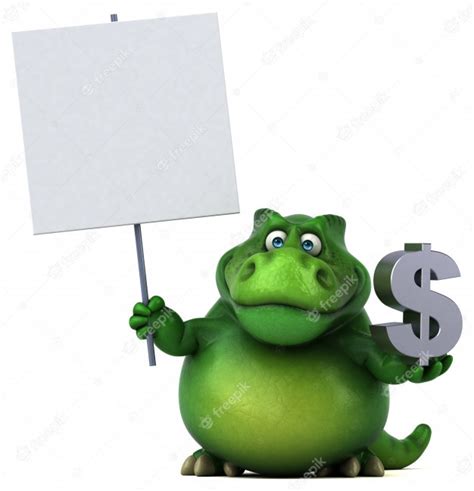Divertido personaje de dinosaurio 3d con un cartel y un signo de dólar ...