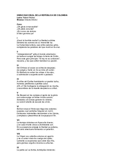 DOC  HIMNO NACIONAL DE LA REPÚBLICA DE COLOMBIA Letra: Rafael Núñez ...