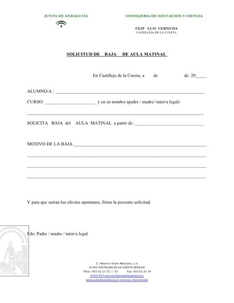 Documento solicitud BAJA del Aula Matinal