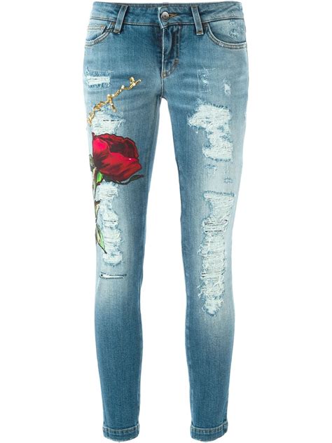 Dolce & Gabbana Rose Appliqué Ripped Jeans in Blue   Lyst