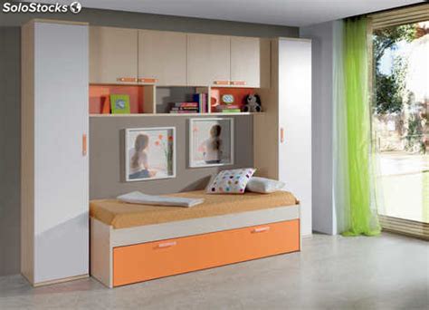 Dormitorio juvenil completo arce y naranja: cama nido, 2 ...