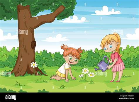 Dos niñas en el jardín. Gracioso personaje de dibujos animados Imagen ...