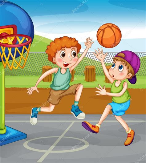 Dos niños jugando baloncesto fuera de — Archivo Imágenes Vectoriales ...