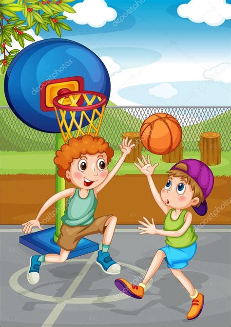 Dos niños jugando baloncesto fuera de — Vector de stock ...