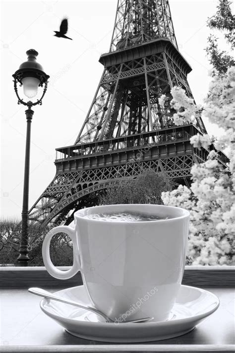 Eiffel Tower with cup of coffee in black and white style, Paris, France ...