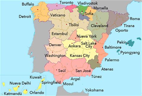 El mapa de España con ciudades equivalentes que están en ...