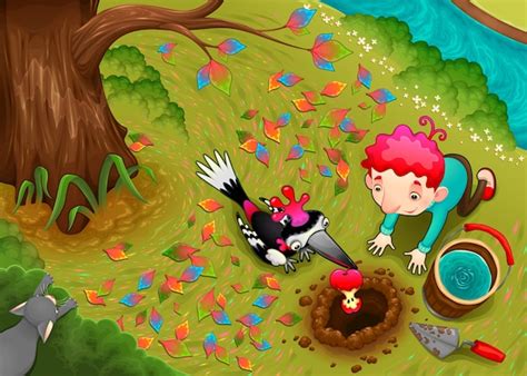 El pájaro carpintero y el niño están sembrando una semilla de manzana ...