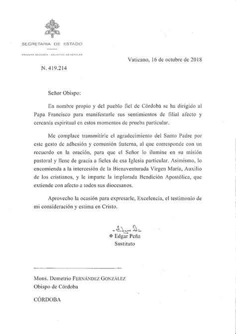 El Papa agradece la carta de adhesión del Obispo ...