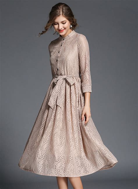 Elegant 3/4 Sleeve Lace Midi Dress with Belt   STYLESIMO.com
