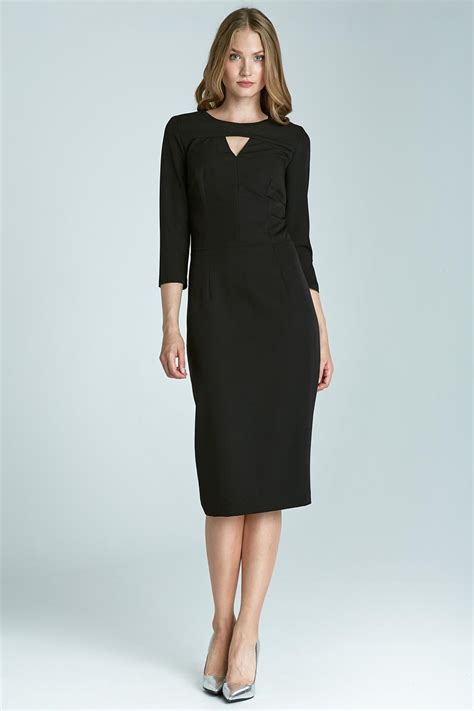 Elegant Black Midi Dress with ¾ Sleeves