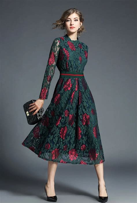 Elegant Floral Lace Long Sleeve Party Midi Dress | Lace midi dress ...