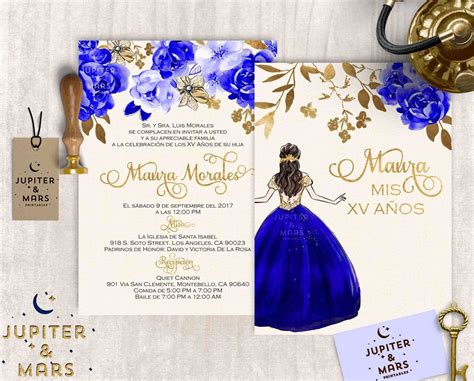 Elegant Royal Blue and Gold Quinceañera Invitation ...