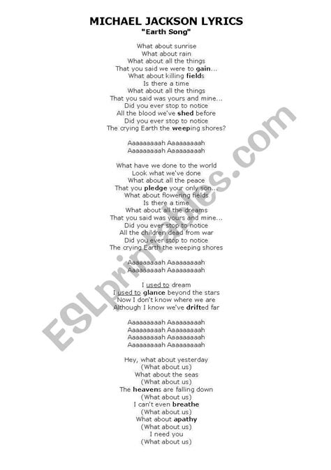 English worksheets: Earth Song Lyrics  With images ...
