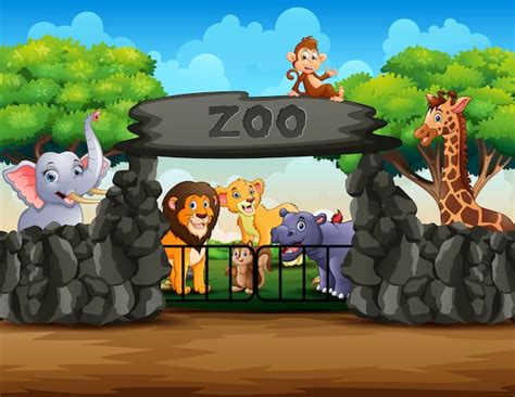 Entrada al zoológico vista exterior con diferentes animales de dibujos ...