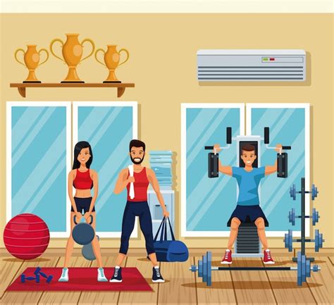 Entrenamiento de personas de fitness dentro del gimnasio | Vector Premium