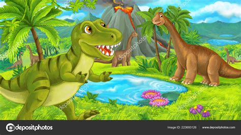 Escena Dibujos Animados Con Feliz Dinosaurio Tyrannosaurus Rex Cerca ...