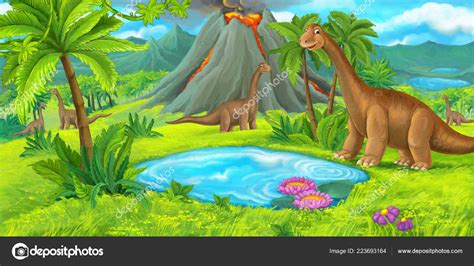 Escena Dibujos Animados Con Ilustración Dinosaurios Feliz Diplodocus ...