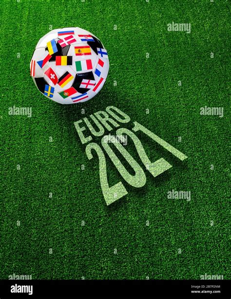 Euro 2021 football championship. Soccer ball with flags of ...