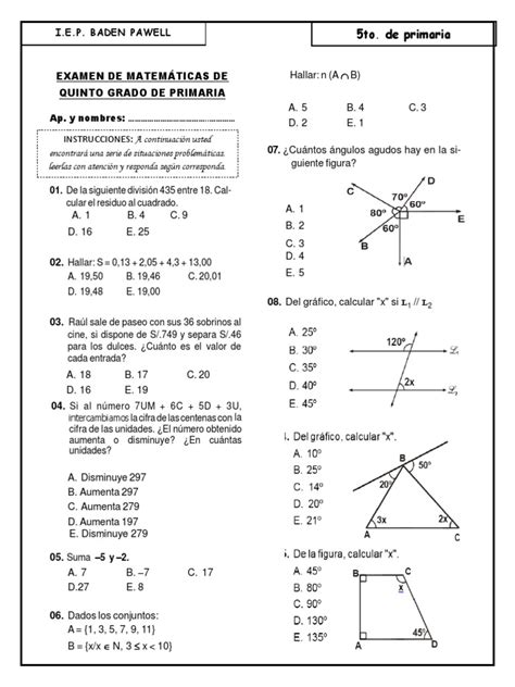 Examen de Matemáticas de Quinto Grado de Primaria | Física ...
