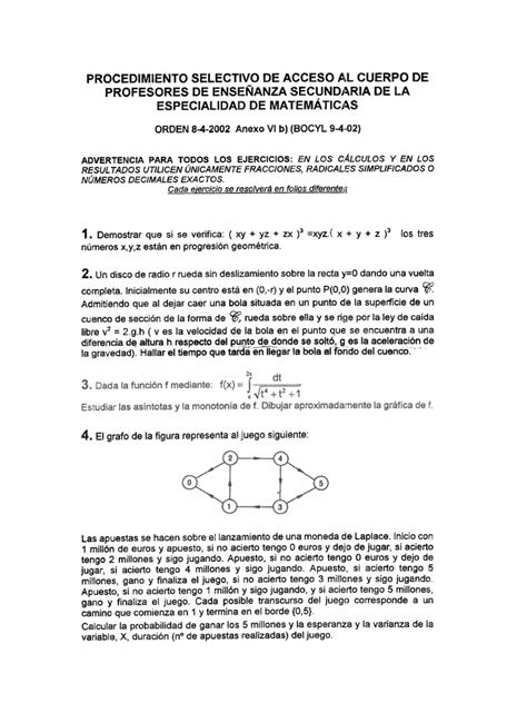 Examen de oposiciones de Matemáticas  Secundaria  Castilla ...