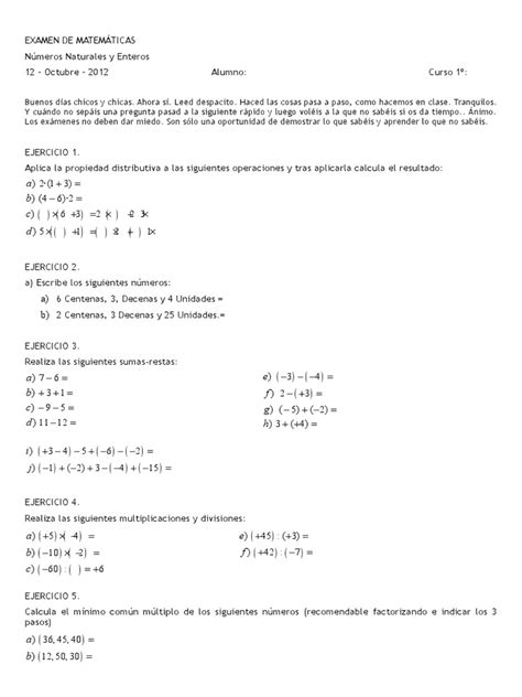 Examen matemáticas 1 eso | Números | Matemática Elemental ...
