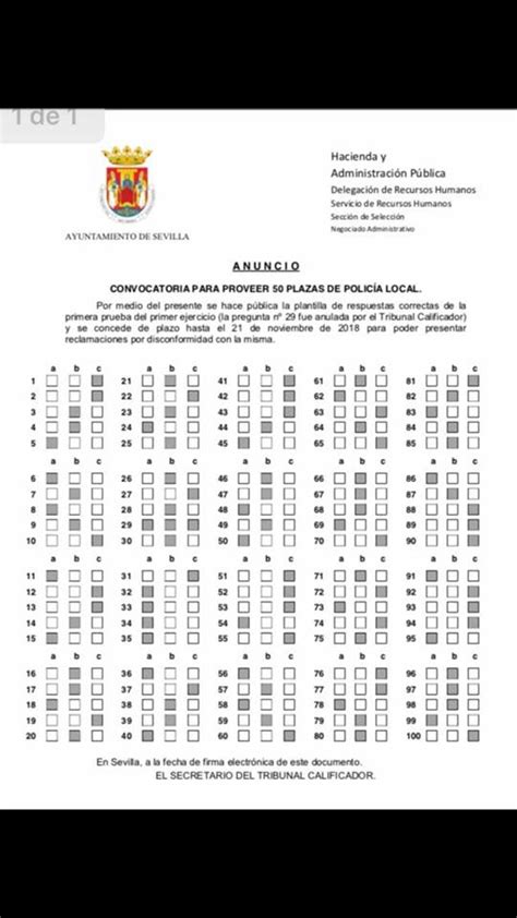 EXAMEN Y PLANTILLA TIPO TEST CONVOCATORIA 50 PLAZAS DE POLICIA LOCAL ...