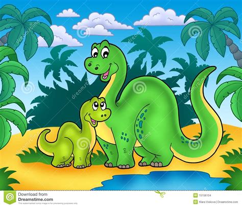 Familia Del Dinosaurio En Paisaje Stock de ilustración   Ilustración de ...