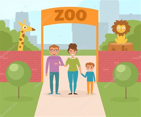 Familia en el zoológico. Puerta — Vector de stock  AnnaViolet #125607114