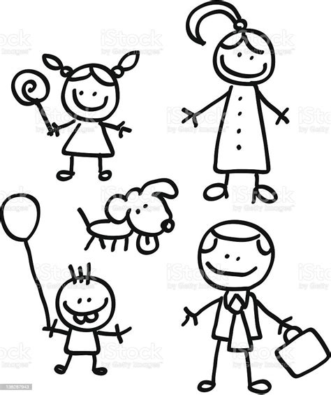 Familia Feliz Madre Padre Con Hija E Hijo Niños Ilustración Dibujo ...