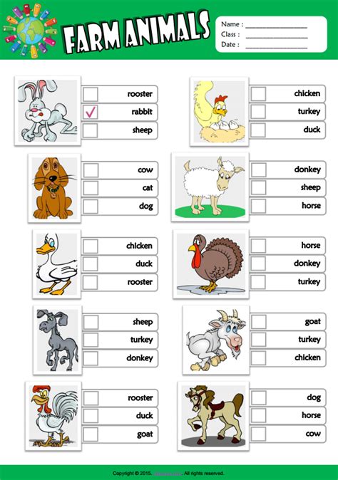 Farm Animals ESL Vocabulary Multiple Choice Worksheet For Kids | Hoc360.net