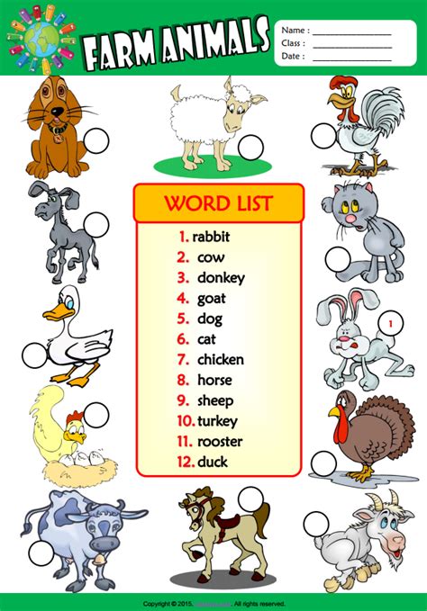 Farm Animals ESL Vocabulary Number The Pictures Worksheet For Kids ...