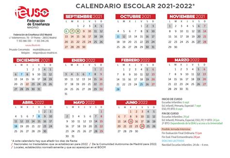 Federación de Enseñanza de USO   Calendario Escolar curso 2021 22 ...