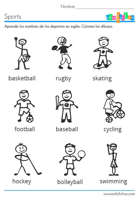 Ficha infantil para aprender los deportes en inglés.
