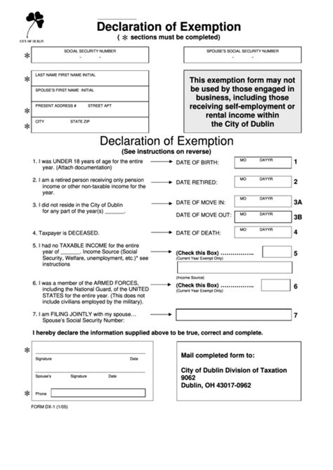 Fillable Form Dx 1 Declaration Of Exemption   City Of ...