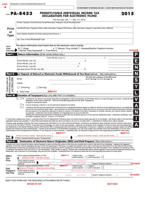 Fillable Form Pa 8453   Pennsylvania Individual Income Tax ...