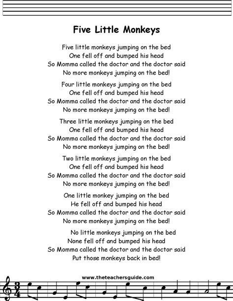 five little monkeys lyrics printout | Preschool songs ...