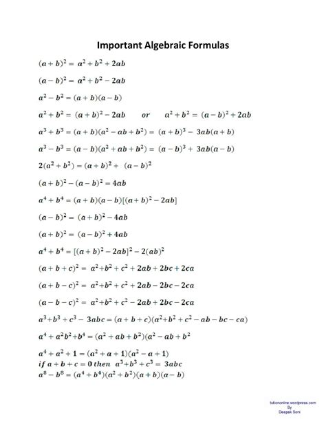 Formula For Basic Algebra   Math Formulas