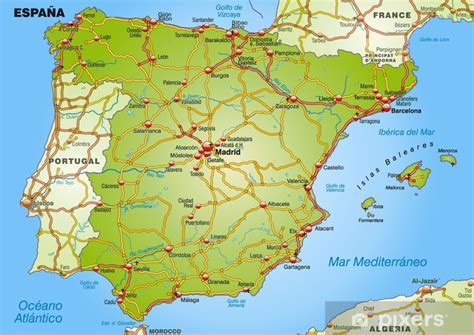 Fotomural Mapa de España con las carreteras y ciudades ...