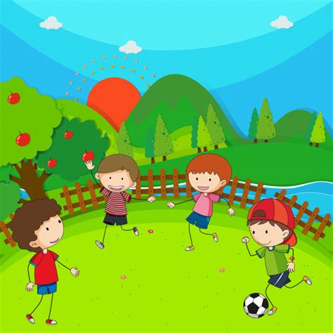 Four children playing football in the park Vector | Free ...