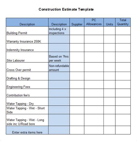 Free Construction Estimate Template Excel   Project ...
