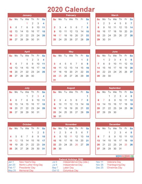 Free Printable 12 Month Calendar on One Page 2020 – Free ...